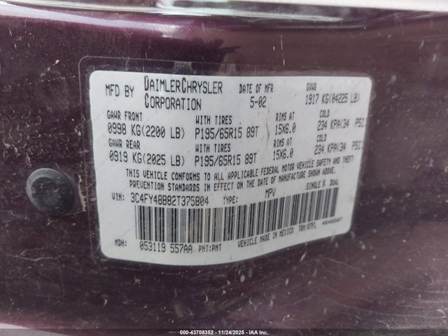 2002 Chrysler Pt Cruiser მანქანა იყიდება აუქციონზე, vin: 3C4FY48B82T375804, აუქციონის ნომერი: 43708352