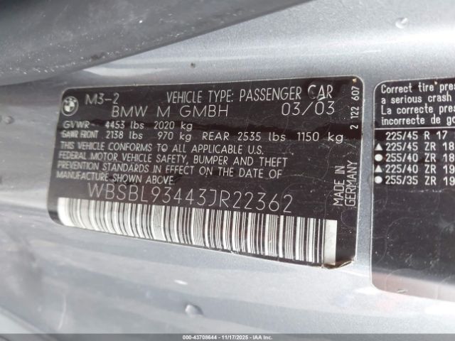 2003 BMW M3 WBSBL93443JR22362 Photo 8