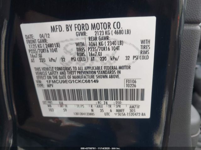 2012 FORD ESCAPE 1FMCU9EG1CKC68149 Photo 8