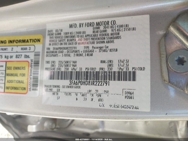 Продажа на аукционе авто 2018 Ford Fusion Se, vin: 3FA6P0HD8JR222791, номер лота: 43708851
