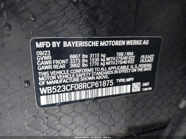 2024 Bmw Ix Xdrive50 მანქანა იყიდება აუქციონზე, vin: WB523CF08RCP61875, აუქციონის ნომერი: 43708919