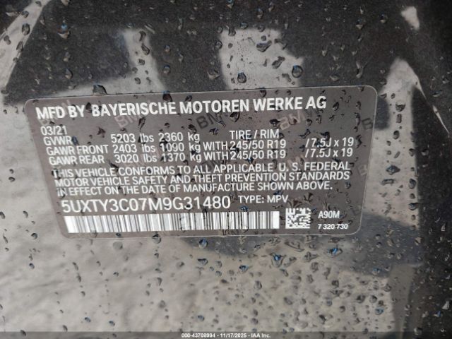 2021 BMW X3 5UXTY3C07M9G31480 Photo 8