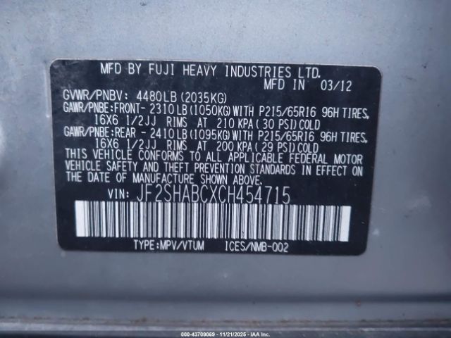 2012 SUBARU FORESTER JF2SHABCXCH454715 Photo 8