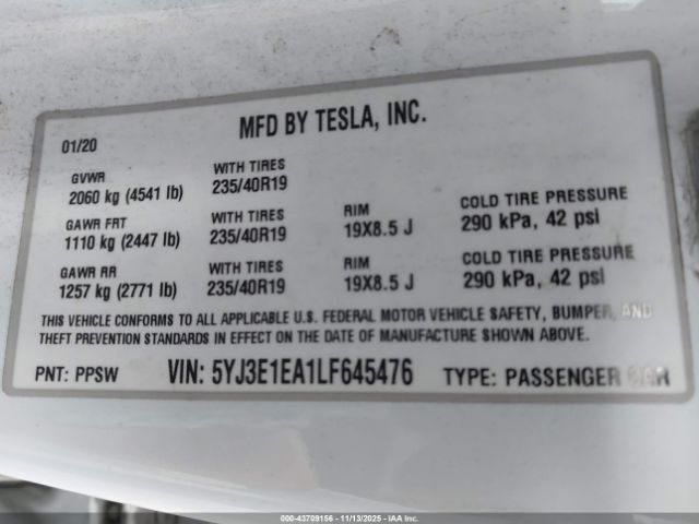 2020 TESLA MODEL 3 5YJ3E1EA1LF645476 Photo 8