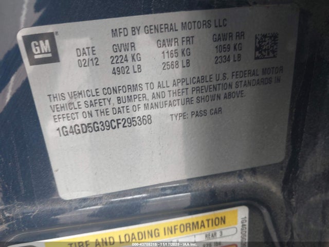 2012 Buick Lacrosse Premium 1 Group მანქანა იყიდება აუქციონზე, vin: 1G4GD5G39CF295368, აუქციონის ნომერი: 43709215
