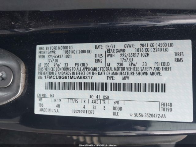 2021 FORD ESCAPE 1FMCU9G61MUA68317 Photo 8