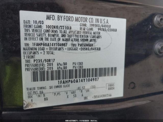 2004 FORD THUNDERBIRD 1FAHP60A14Y104987 Photo 8