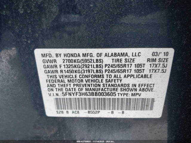 Aukcja sprzedaży 2011 Honda Pilot Ex-l, vin: 5FNYF3H63BB003605, numer aukcji: 43709691