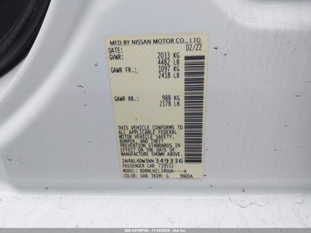 1N4BL4DW3NN349336 Nissan Altima Sv Intelligent Awd