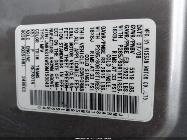 Продажа на аукционе авто 2009 Infiniti Fx35, vin: JNRAS18W59M158840, номер лота: 43709725