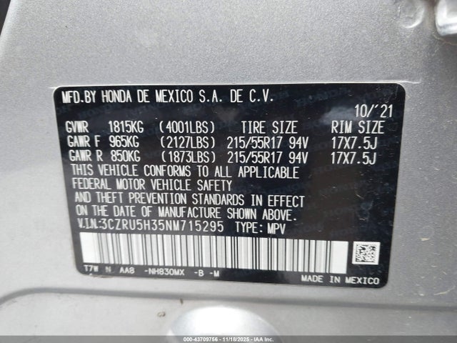 3CZRU5H35NM715295 Honda Hr-v 2wd Lx
