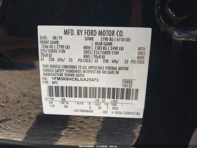 Продажа на аукционе авто 2020 Ford Explorer Platinum, vin: 1FM5K8HC6LGA25473, номер лота: 43709952