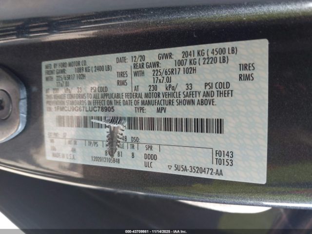 2020 FORD ESCAPE 1FMCU9G67LUC78905 Photo 8