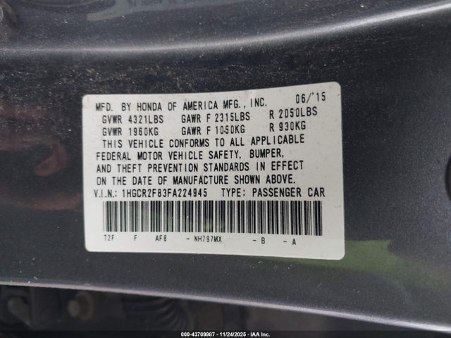 1HGCR2F83FA224945 Honda Accord Ex-l