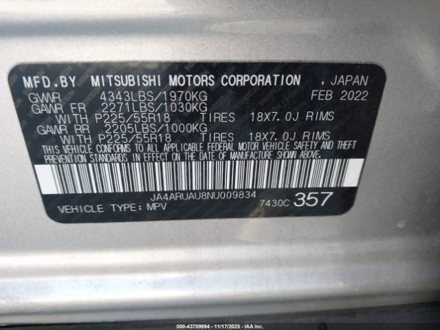 2022 MITSUBISHI OUTLANDER SPORT JA4ARUAU8NU009834 Photo 8