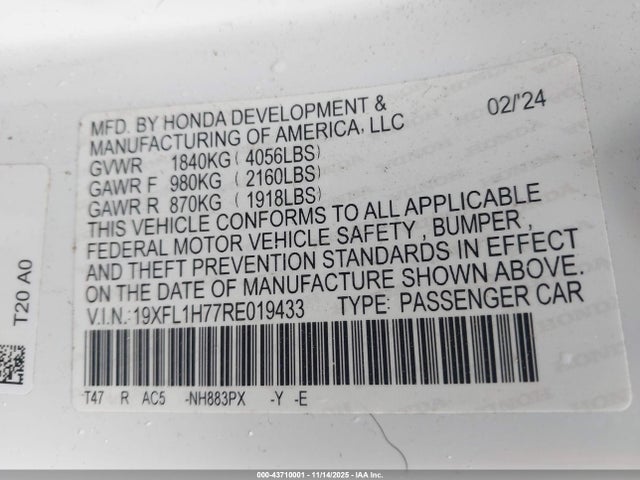 19XFL1H77RE019433 Honda Civic Ex-l
