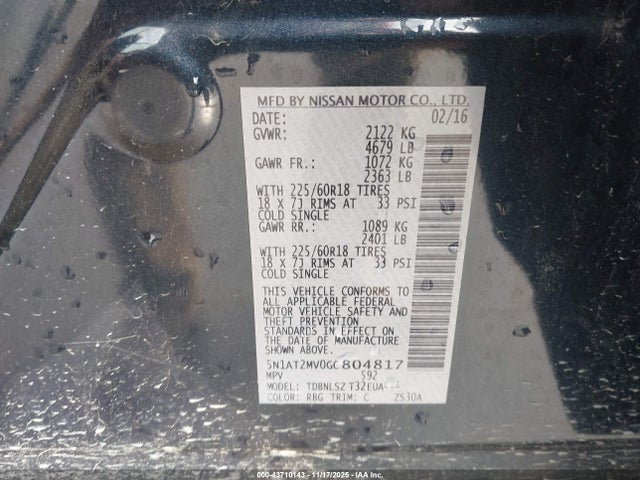 5N1AT2MV0GC804817 Nissan Rogue S/sl/sv