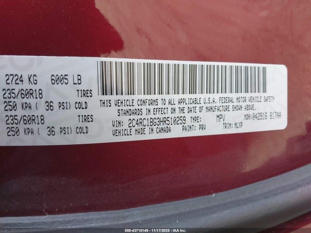 Aukcja sprzedaży 2017 Chrysler Pacifica Touring-l, vin: 2C4RC1BG3HR510259, numer aukcji: 43710149