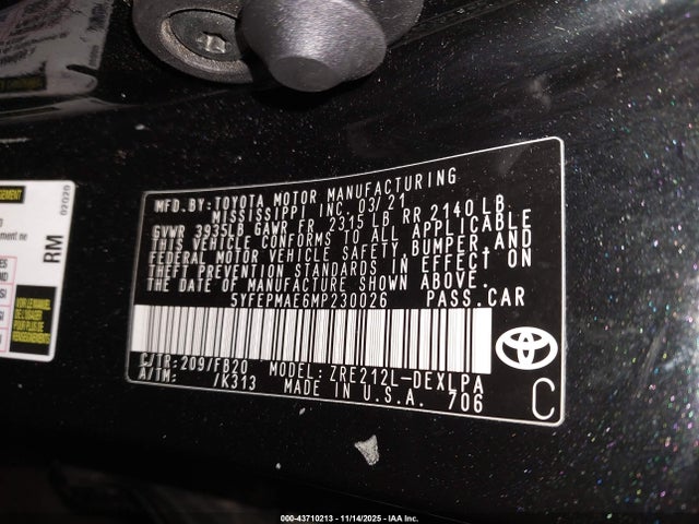 2021 TOYOTA COROLLA 5YFEPMAE6MP230026 Photo 8