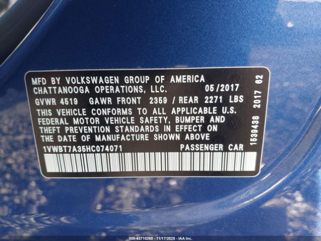2017 VOLKSWAGEN PASSAT 1VWBT7A35HC074071 Photo 8