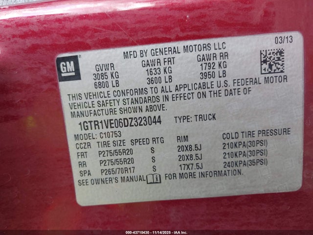 Aukcja sprzedaży 2013 Gmc Sierra 1500 Sle, vin: 1GTR1VE06DZ323044, numer aukcji: 43710430