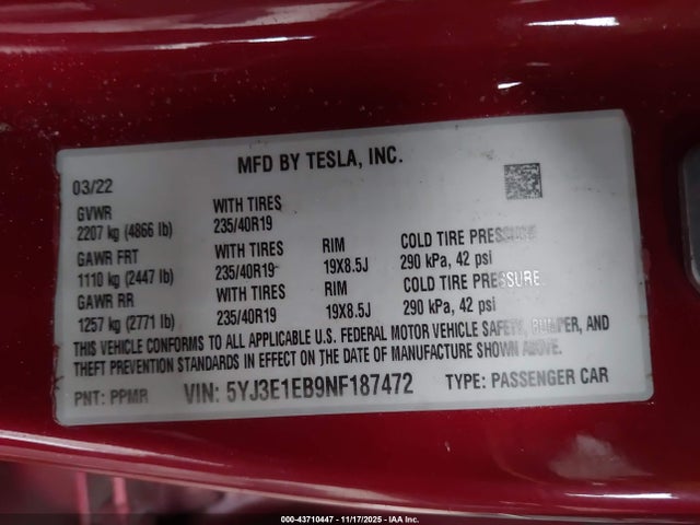 2022 TESLA MODEL 3 5YJ3E1EB9NF187472 Photo 8