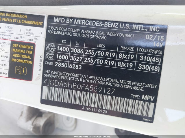 Aukcja sprzedaży 2015 Mercedes-benz Ml 350 4matic, vin: 4JGDA5HB0FA559127, numer aukcji: 43710569
