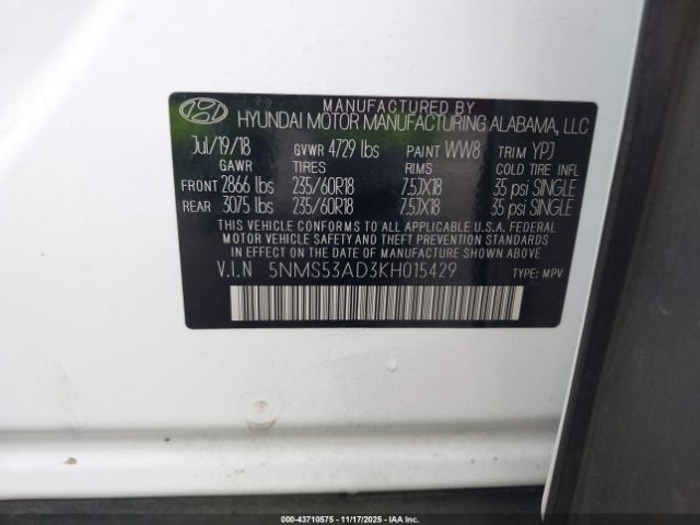 2019 HYUNDAI SANTA FE 5NMS53AD3KH015429 Photo 8