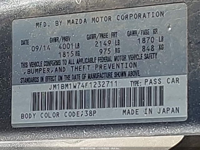 2015 Mazda Mazda3 I Grand Touring მანქანა იყიდება აუქციონზე, vin: JM1BM1W74F1232711, აუქციონის ნომერი: 43710766