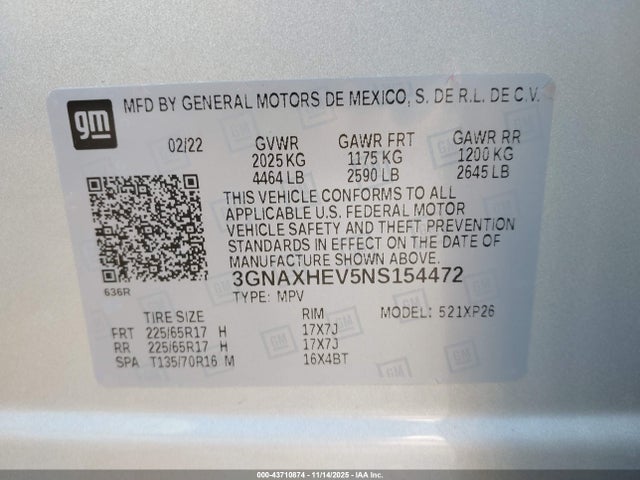 43710874 :رقم المزاد ، 3GNAXHEV5NS154472 vin ، 2022 Chevrolet Equinox Fwd Ls مزاد بيع