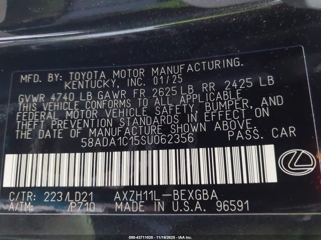 Продажа на аукционе авто 2025 Lexus Es 300h F Sport Design, vin: 58ADA1C15SU062356, номер лота: 43711028