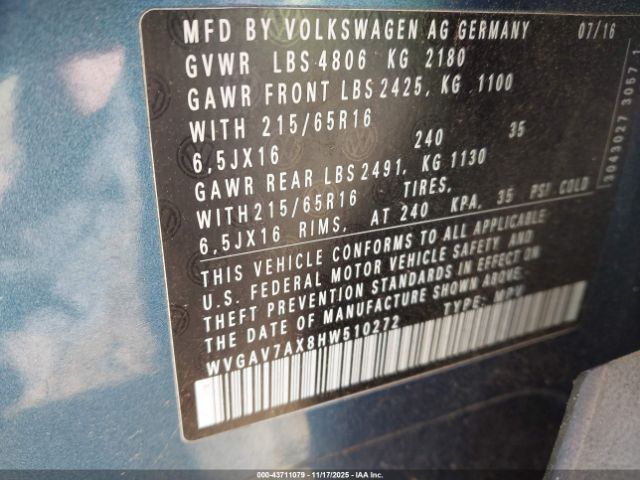 2017 VOLKSWAGEN TIGUAN WVGAV7AX8HW510272 Photo 8