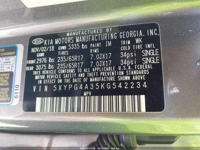 5XYPG4A35KG542234 KIA Sorento 2.4l L