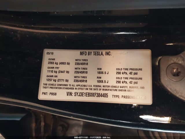 2019 TESLA MODEL 3 5YJ3E1EBXKF384405 Photo 8