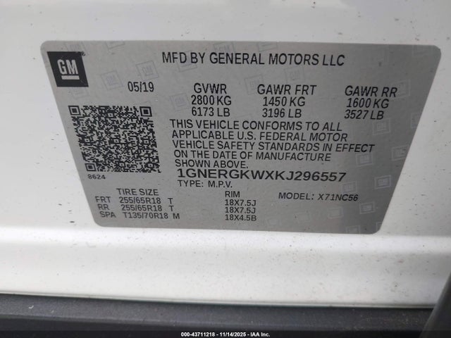 43711218 :رقم المزاد ، 1GNERGKWXKJ296557 vin ، 2019 Chevrolet Traverse 1lt مزاد بيع