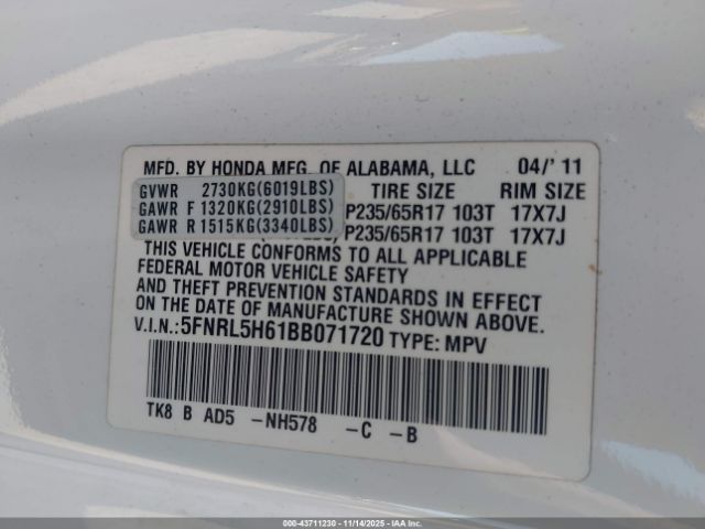 2011 HONDA ODYSSEY 5FNRL5H61BB071720 Photo 8