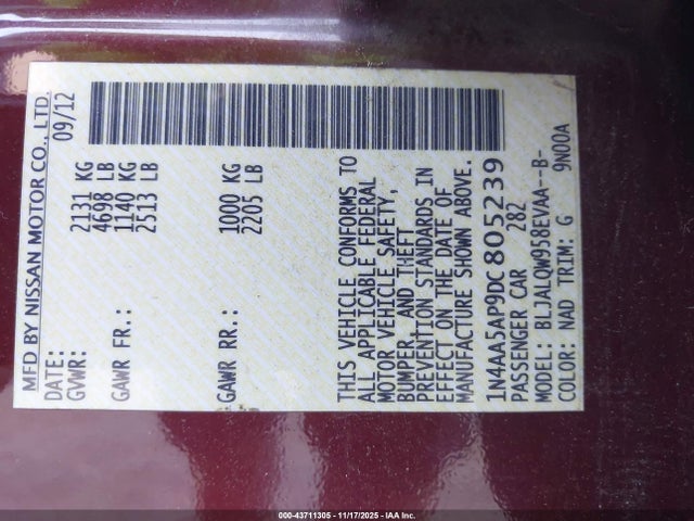Aukcja sprzedaży 2013 Nissan Maxima 3.5 S, vin: 1N4AA5AP9DC805239, numer aukcji: 43711305