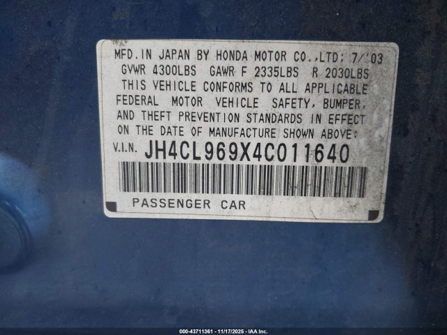43711361 :رقم المزاد ، JH4CL969X4C011640 vin ، 2004 Acura Tsx مزاد بيع