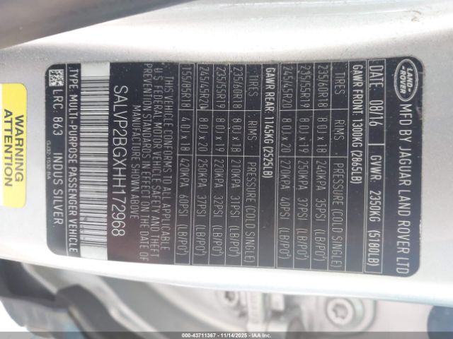 2017 LAND ROVER RANGE ROVER EVOQUE SALVP2BGXHH172968 Photo 8