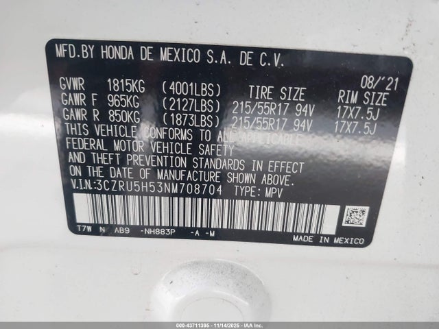 3CZRU5H53NM708704 Honda Hr-v 2wd Ex