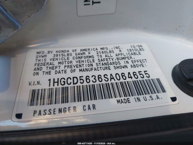 43711420 :رقم المزاد ، 1HGCD5636SA064655 vin ، 1995 Honda Accord Lx/ex مزاد بيع