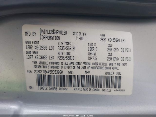 2005 CHRYSLER PACIFICA 2C8GF78445R353060 Photo 8