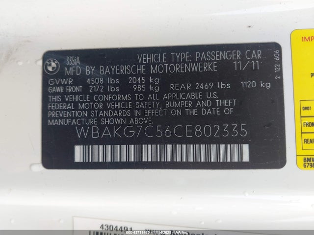 Продаж на аукціоні авто 2012 Bmw 335i, vin: WBAKG7C56CE802335, номер лоту: 43711460