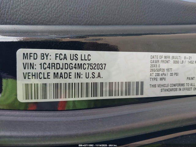 2021 Dodge Durango Gt Plus Awd მანქანა იყიდება აუქციონზე, vin: 1C4RDJDG4MC752037, აუქციონის ნომერი: 43711592
