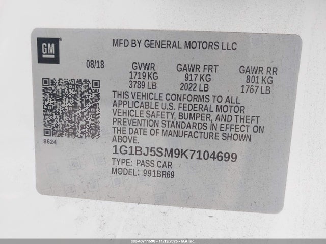 43711598 :رقم المزاد ، 1G1BJ5SM9K7104699 vin ، 2019 Chevrolet Cruze Cvt (fleet Orders Only) مزاد بيع