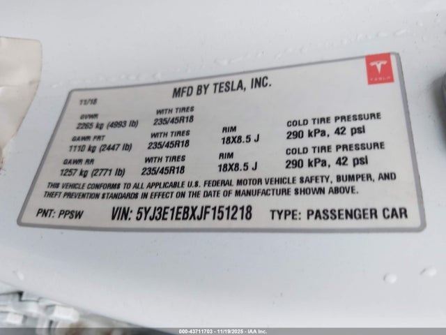 Aukcja sprzedaży 2018 Tesla Model 3 Long Range/performance, vin: 5YJ3E1EBXJF151218, numer aukcji: 43711703