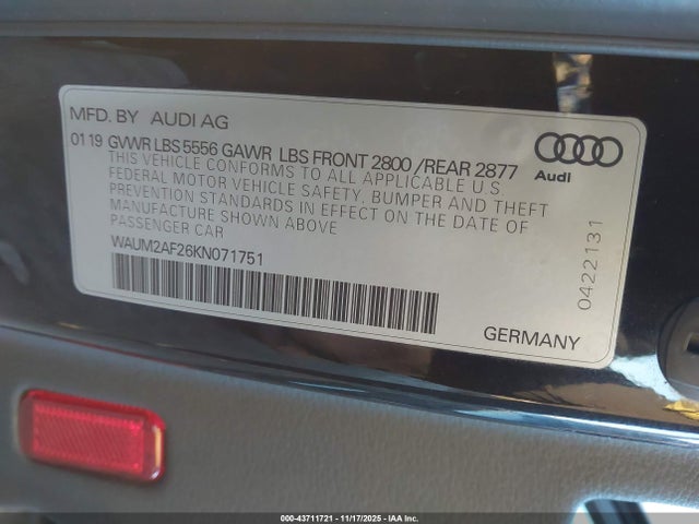 2019 Audi A6 55 Premium მანქანა იყიდება აუქციონზე, vin: WAUM2AF26KN071751, აუქციონის ნომერი: 43711721