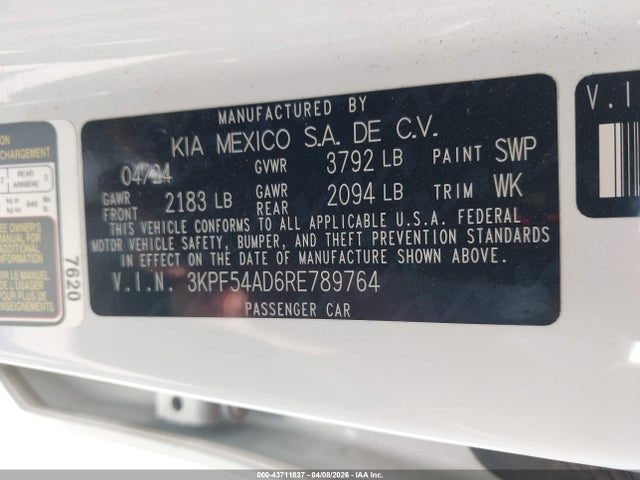 Aukcja sprzedaży 2024 Kia Forte Gt-line, vin: 3KPF54AD6RE789764, numer aukcji: 43711837
