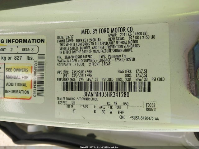 Aukcja sprzedaży 2017 Ford Fusion Se, vin: 3FA6P0HD5HR341280, numer aukcji: 43711872