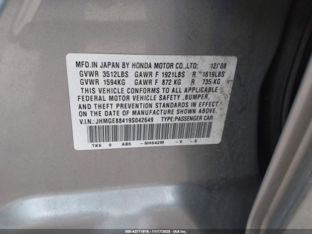 2009 HONDA FIT JHMGE88419S042649 Photo 8